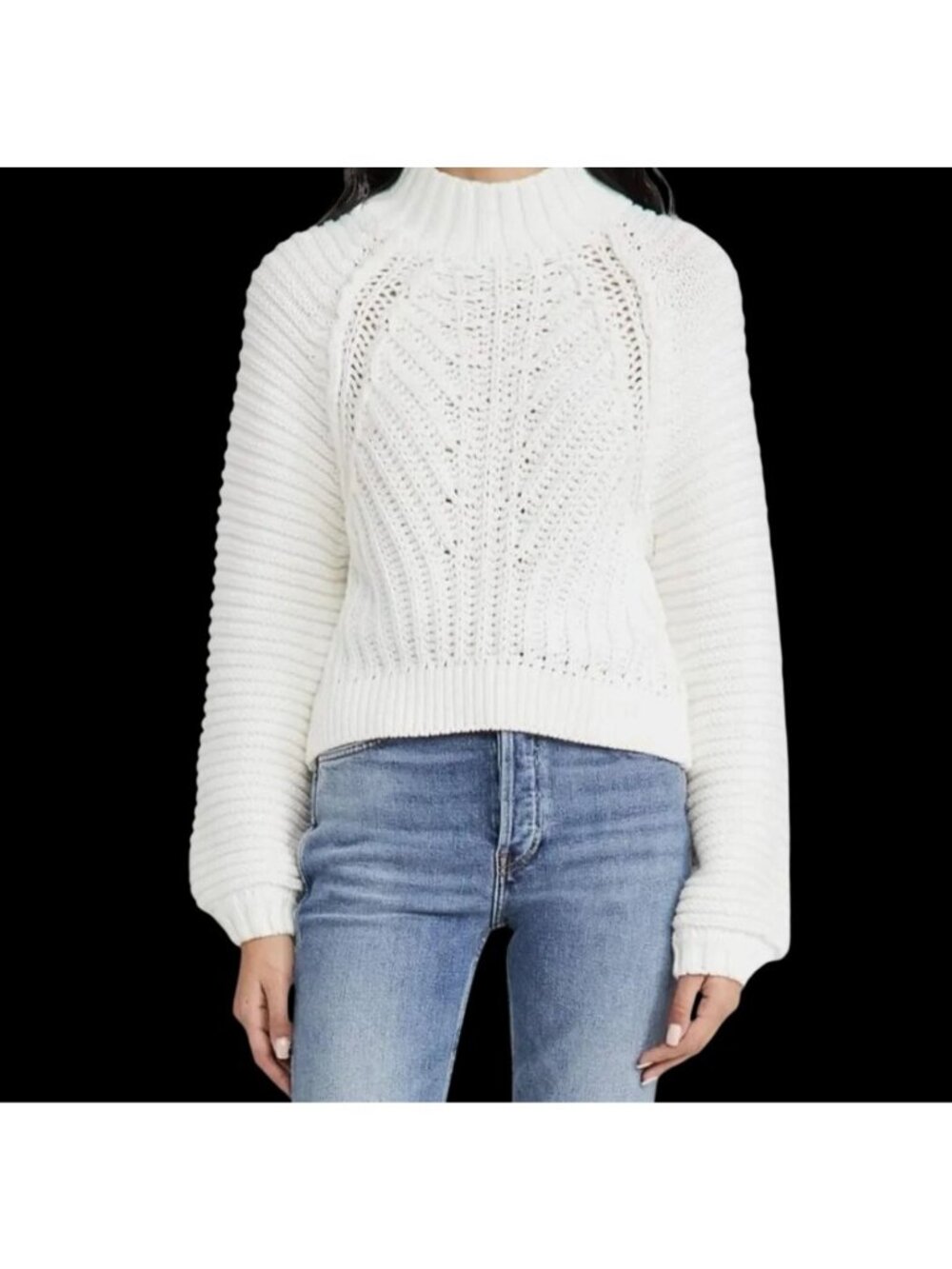 Free People White Sweetheart Knit Sweater High Neck Size XS Balloon Chunky Boho